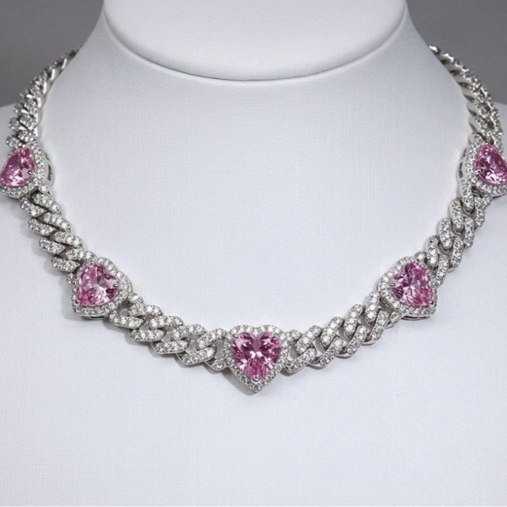 Silver and Pink Heart Necklace 16inch